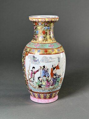 Vintage Chinese Famille Rose Porcelain Vase Eight Immortals Crossing Sea 10"